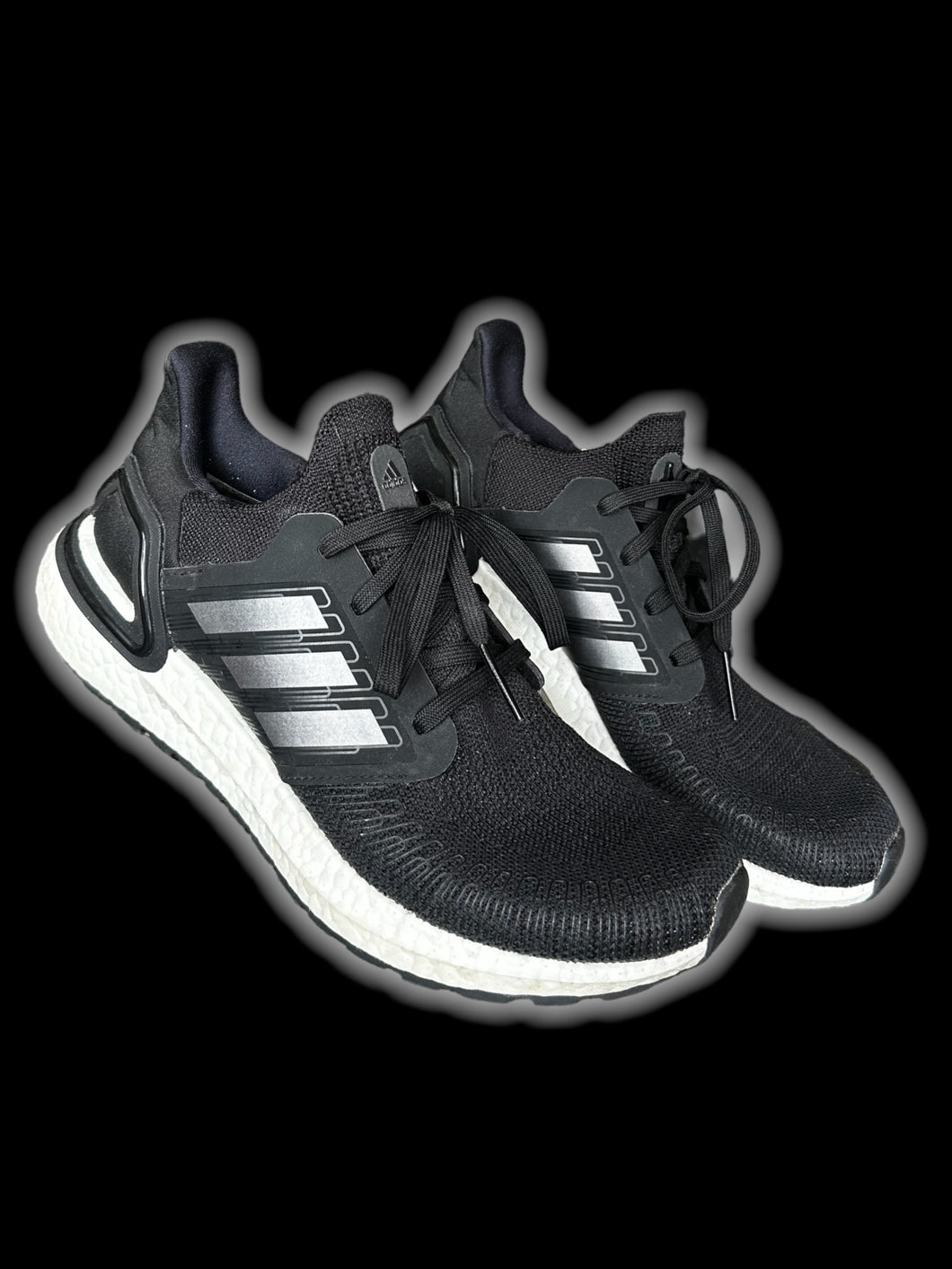 6.5W/4.5M Black Adidas Ultraboost 20 sneakers w/ white sole, & metalic stripe logo