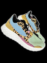 Load image into Gallery viewer, 11W/9M Pastel multicolor woven sneakers w/ animal print calf hair &amp; panels, white soles, &amp; black laces
