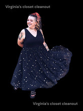 Load image into Gallery viewer, 1X Black &amp; metallic silver star pattern sleeveless v-neckline maxi dress w/ mesh skirt, &amp; clasp/zipper closure
