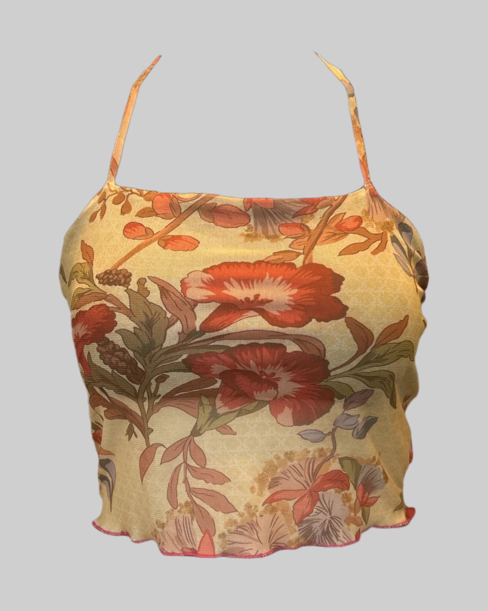 XS yellowish sheer halter top with florals and lettuce hem