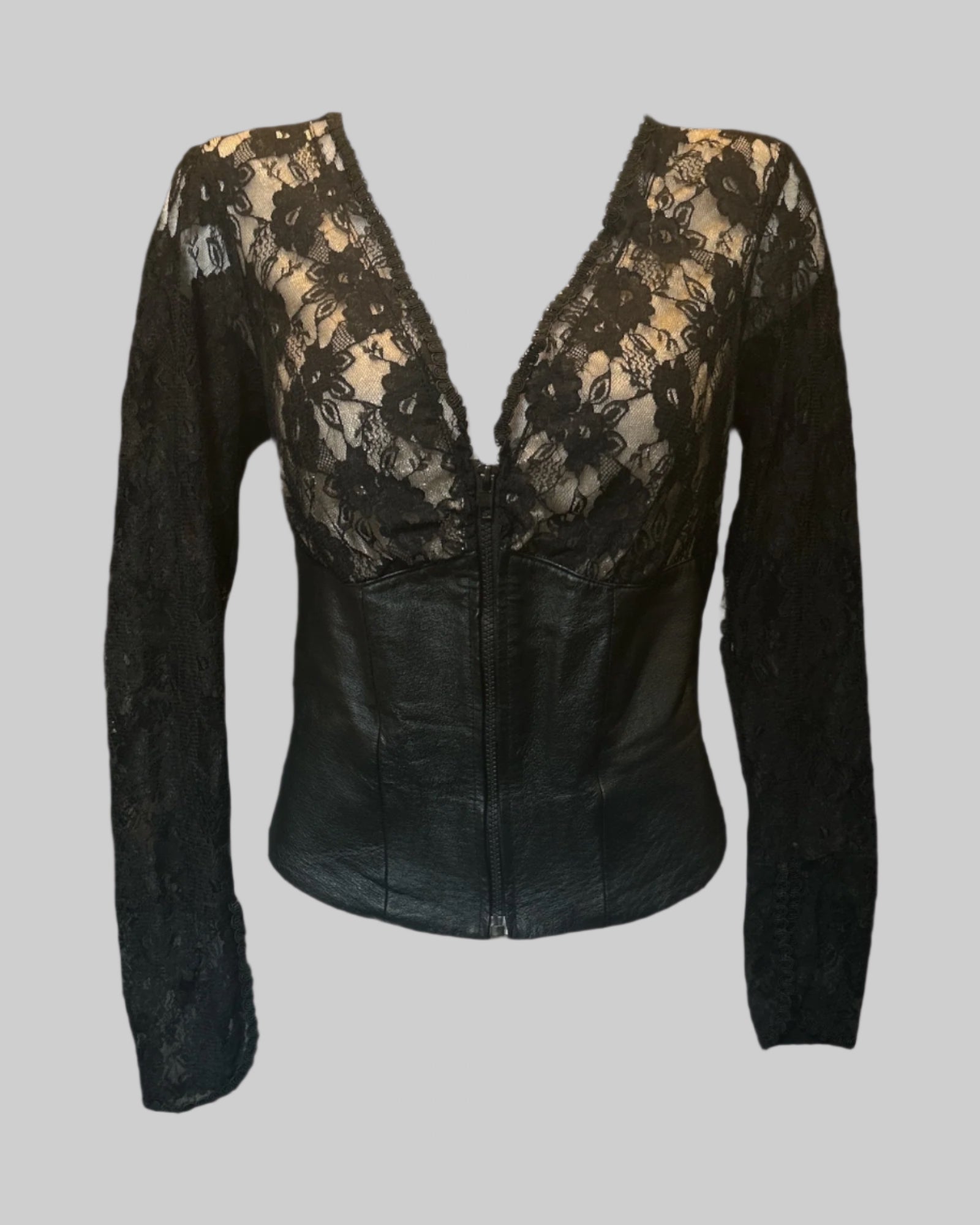 L genuine leather corset style zip up top with lace, sheer lace sleeves, and sheer lace back