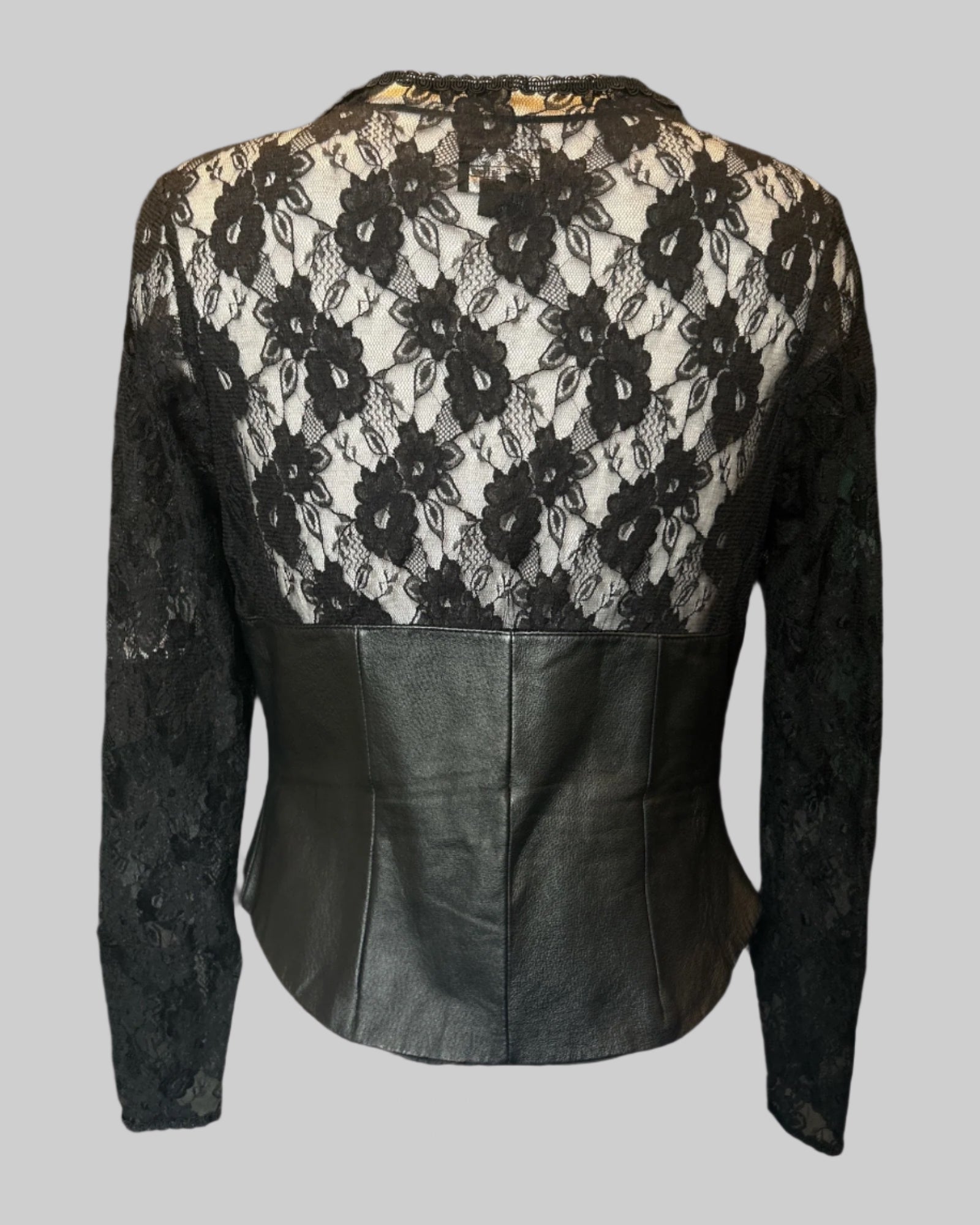 L genuine leather corset style zip up top with lace, sheer lace sleeves, and sheer lace back