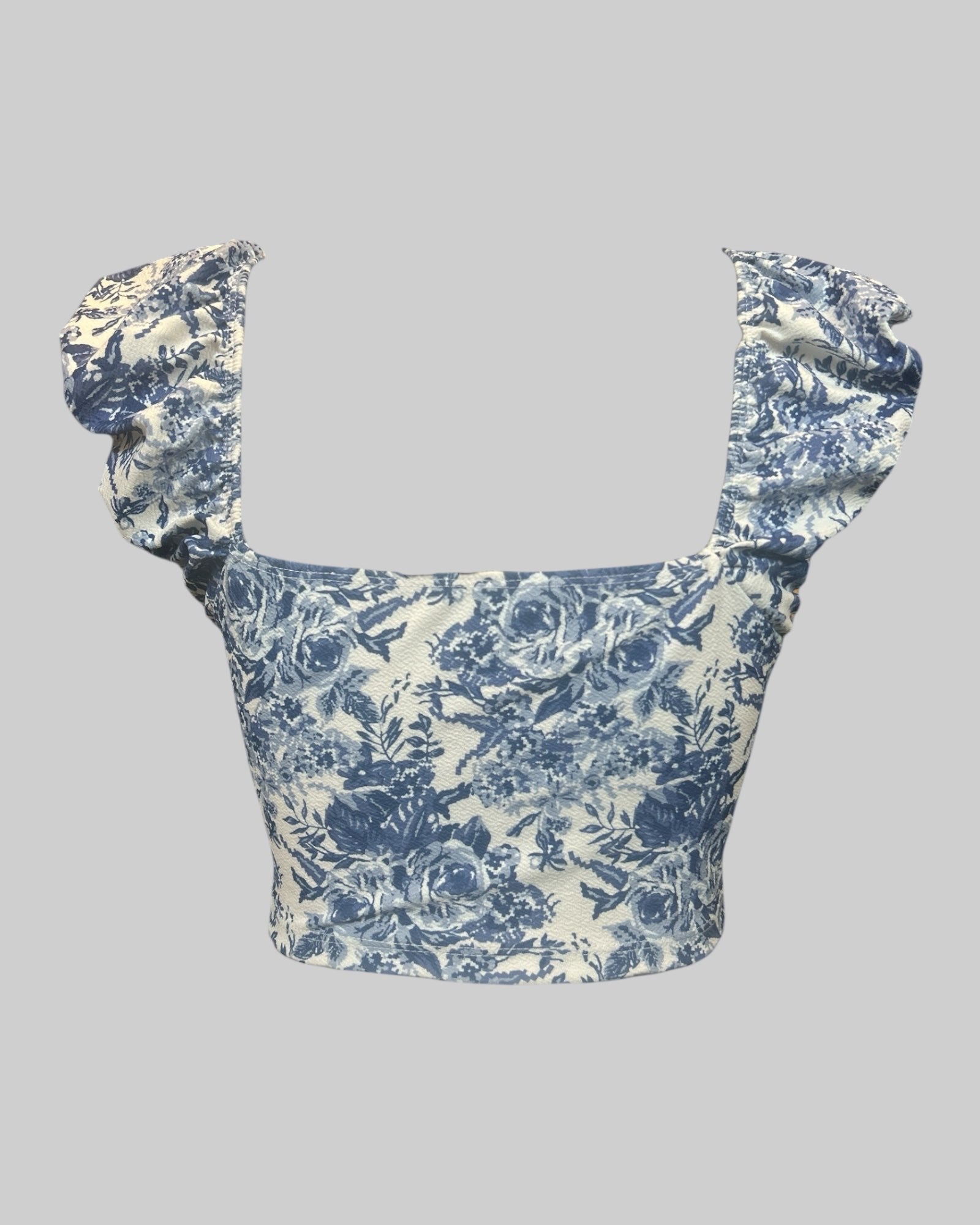 1x blue white floral cropped corset style top with puffed sleeves