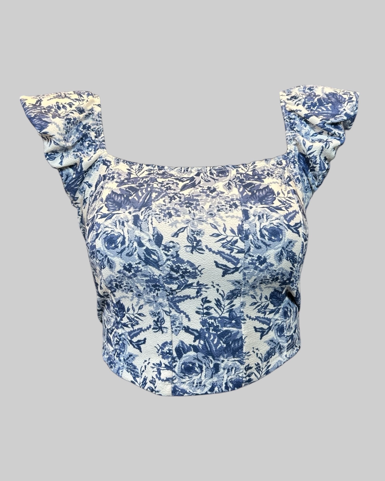 1x blue white floral cropped corset style top with puffed sleeves