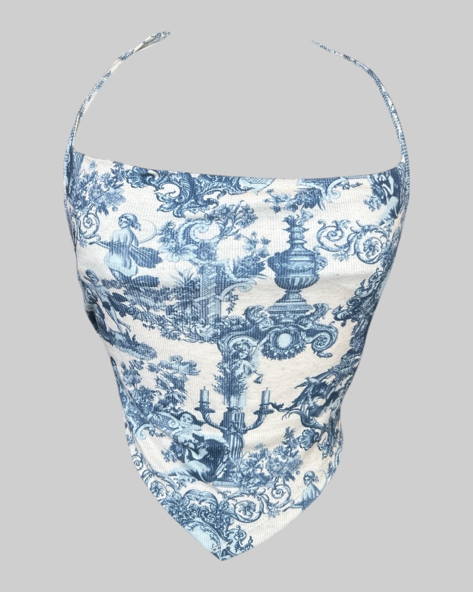 S blue and white draped halter top with floral and cherub design