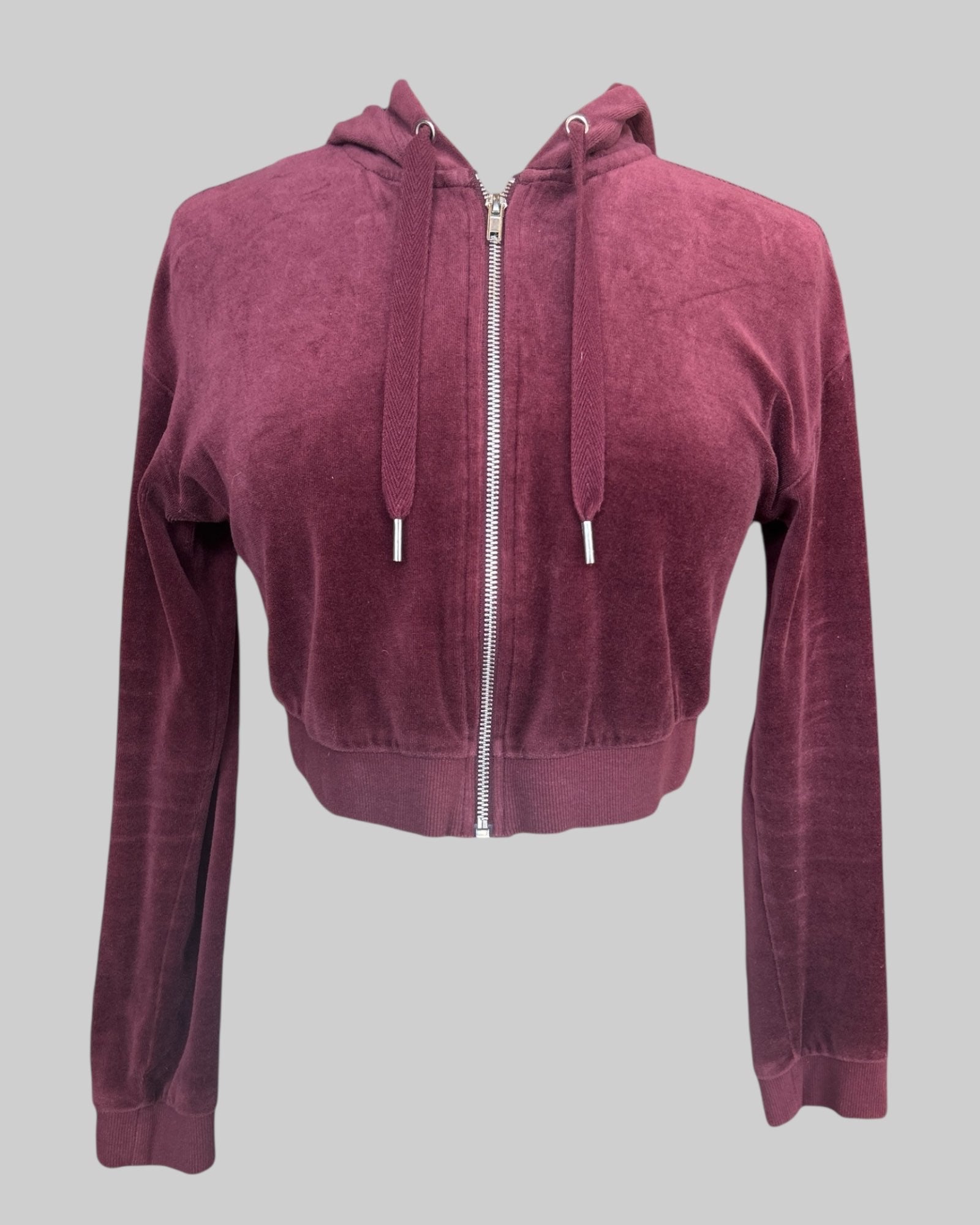 S burgundy velour cropped zip up with hood