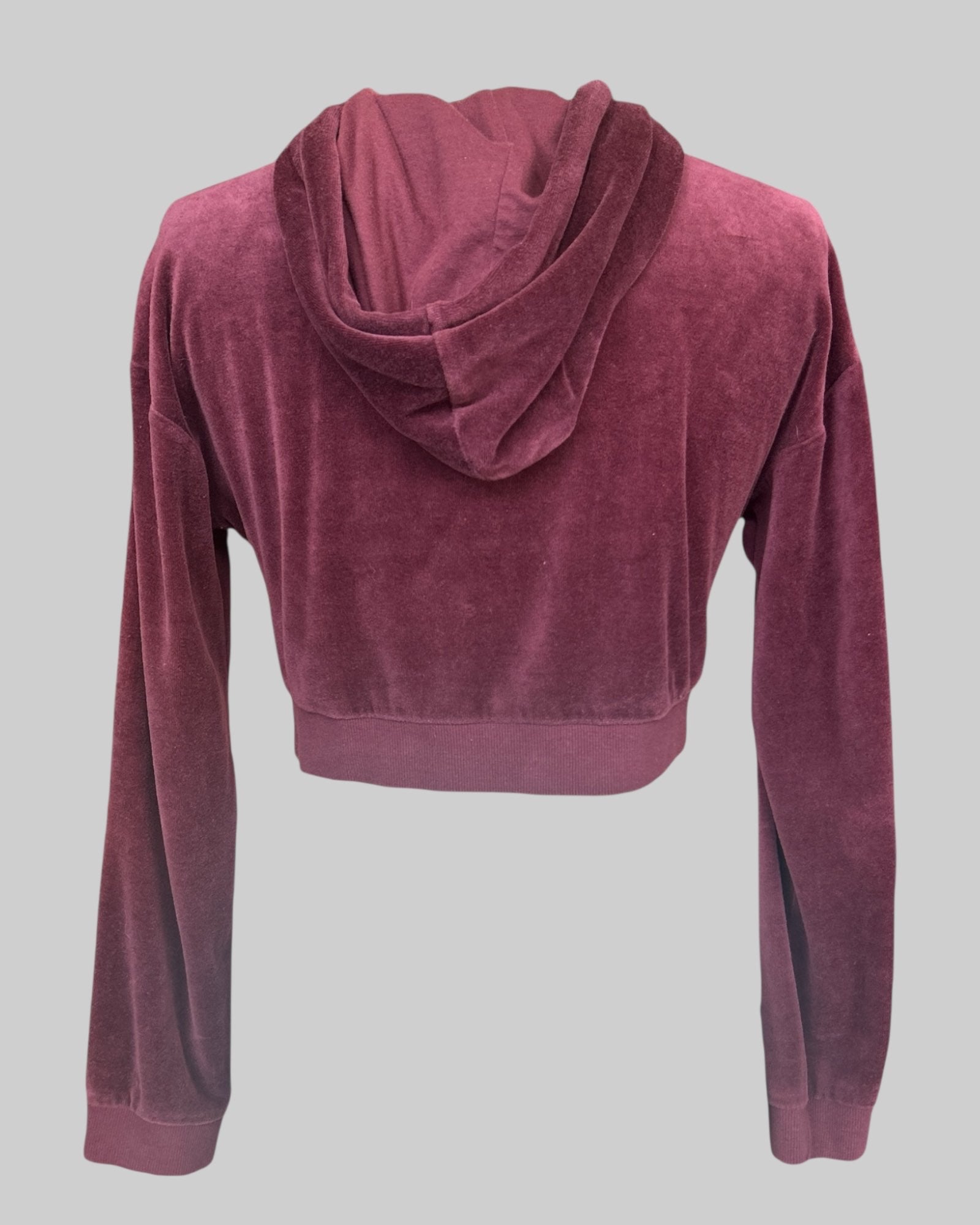 S burgundy velour cropped zip up with hood