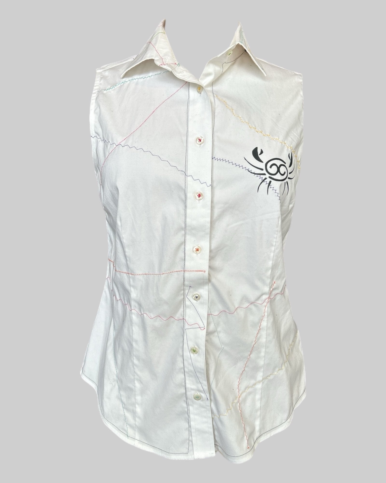 M white sleeveless button up with cancer zodiac sign theme