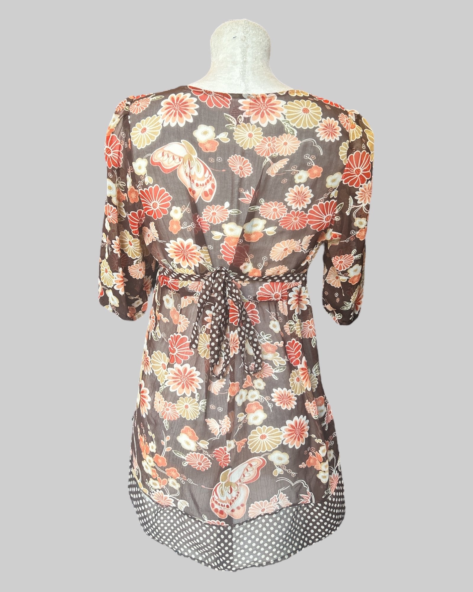 L vintage flowy brown sheer top with florals, polka dots, and tie in back