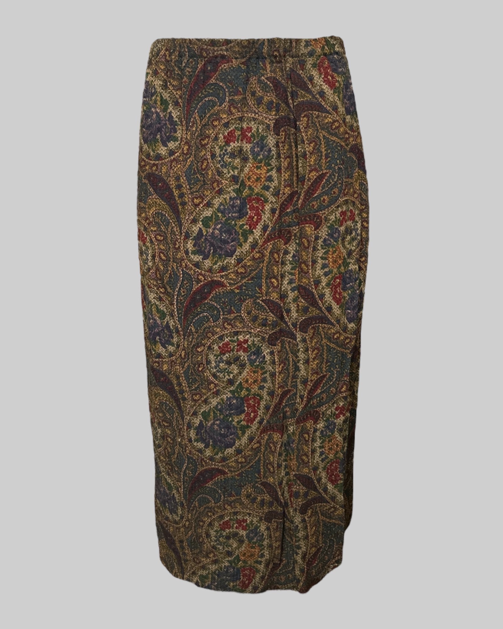 L vintage multicolor slightly pleated maxi skirt with paisley and floral designs