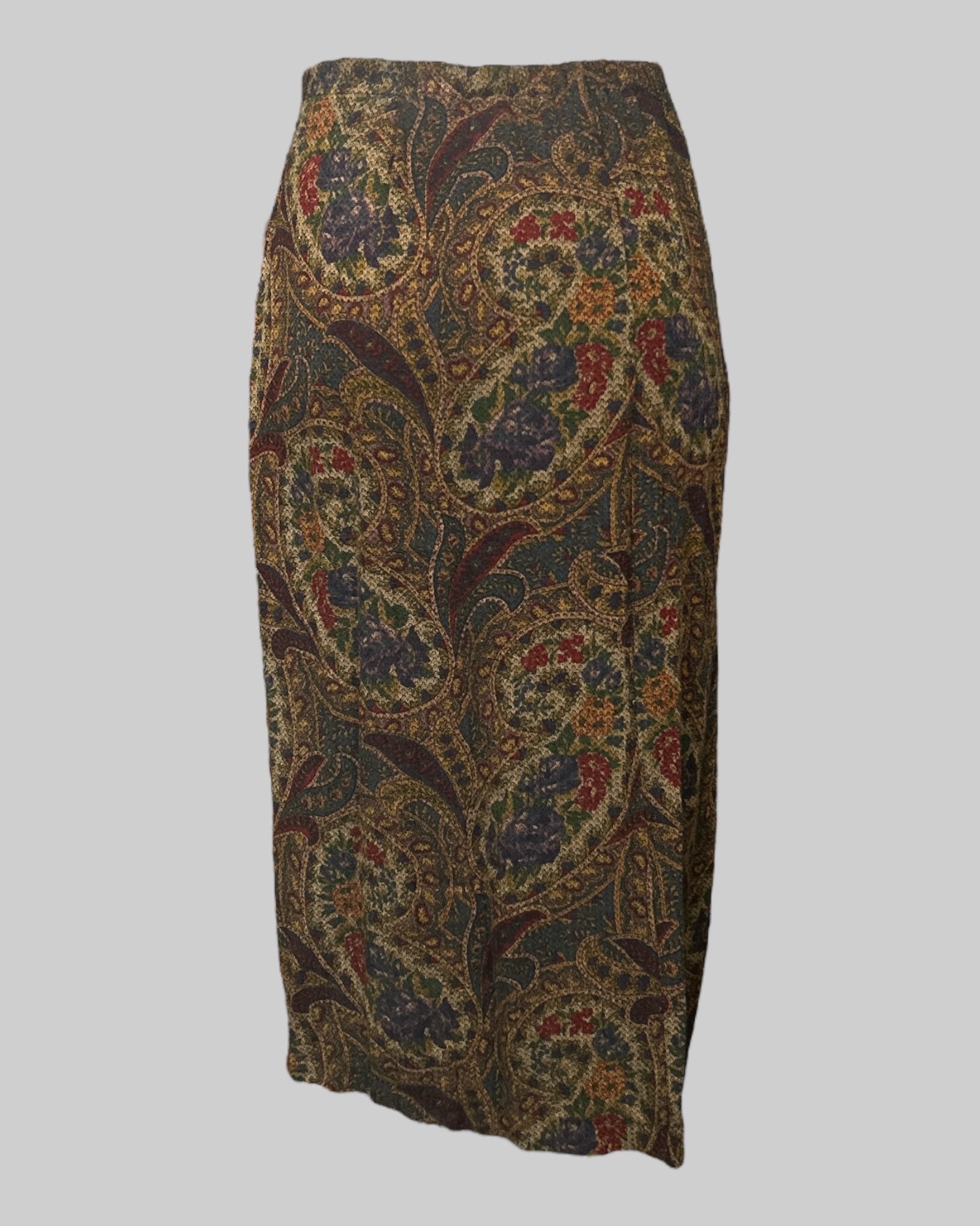 L vintage multicolor slightly pleated maxi skirt with paisley and floral designs
