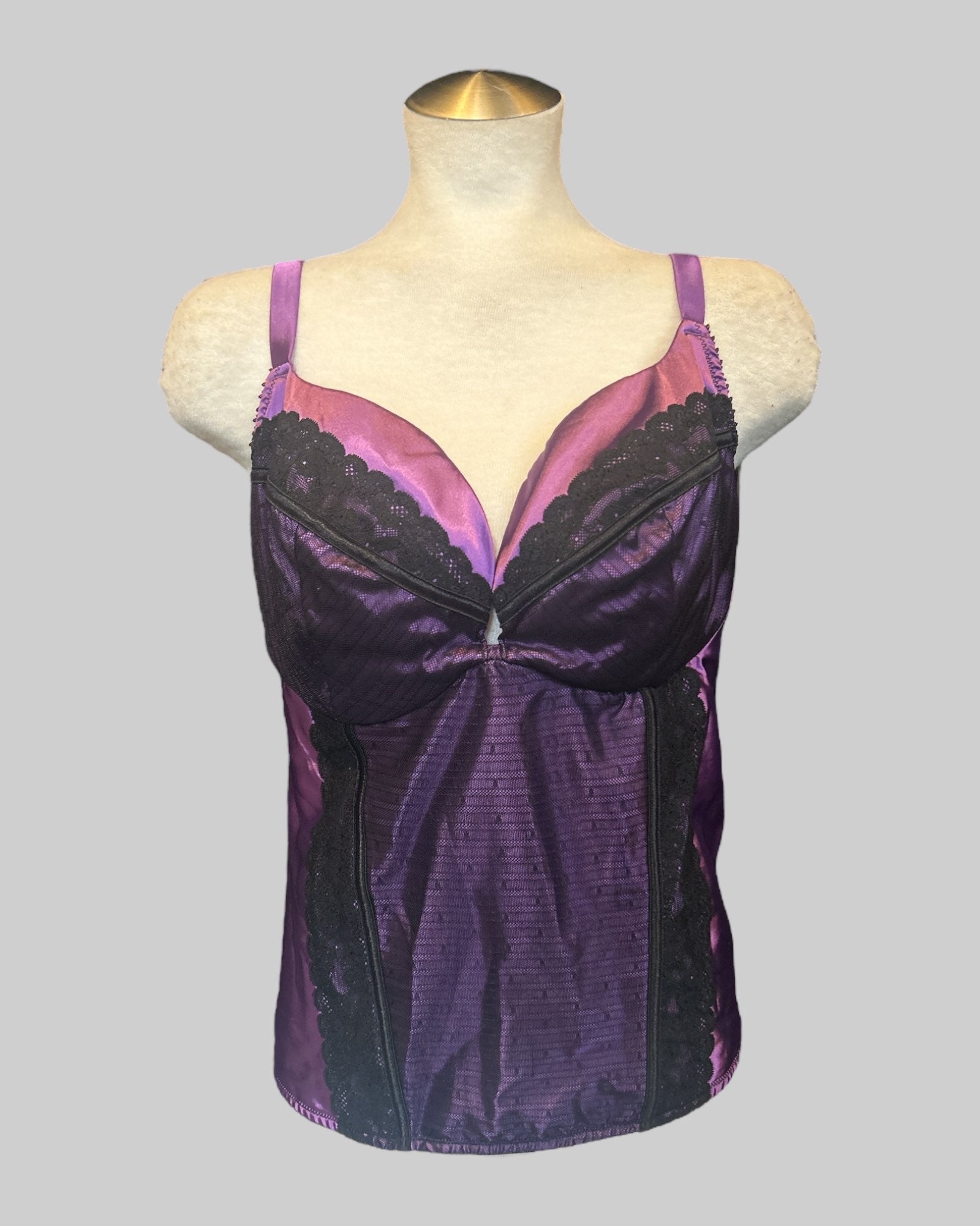XL black and purple lingerie corset top with lace and clasps in back