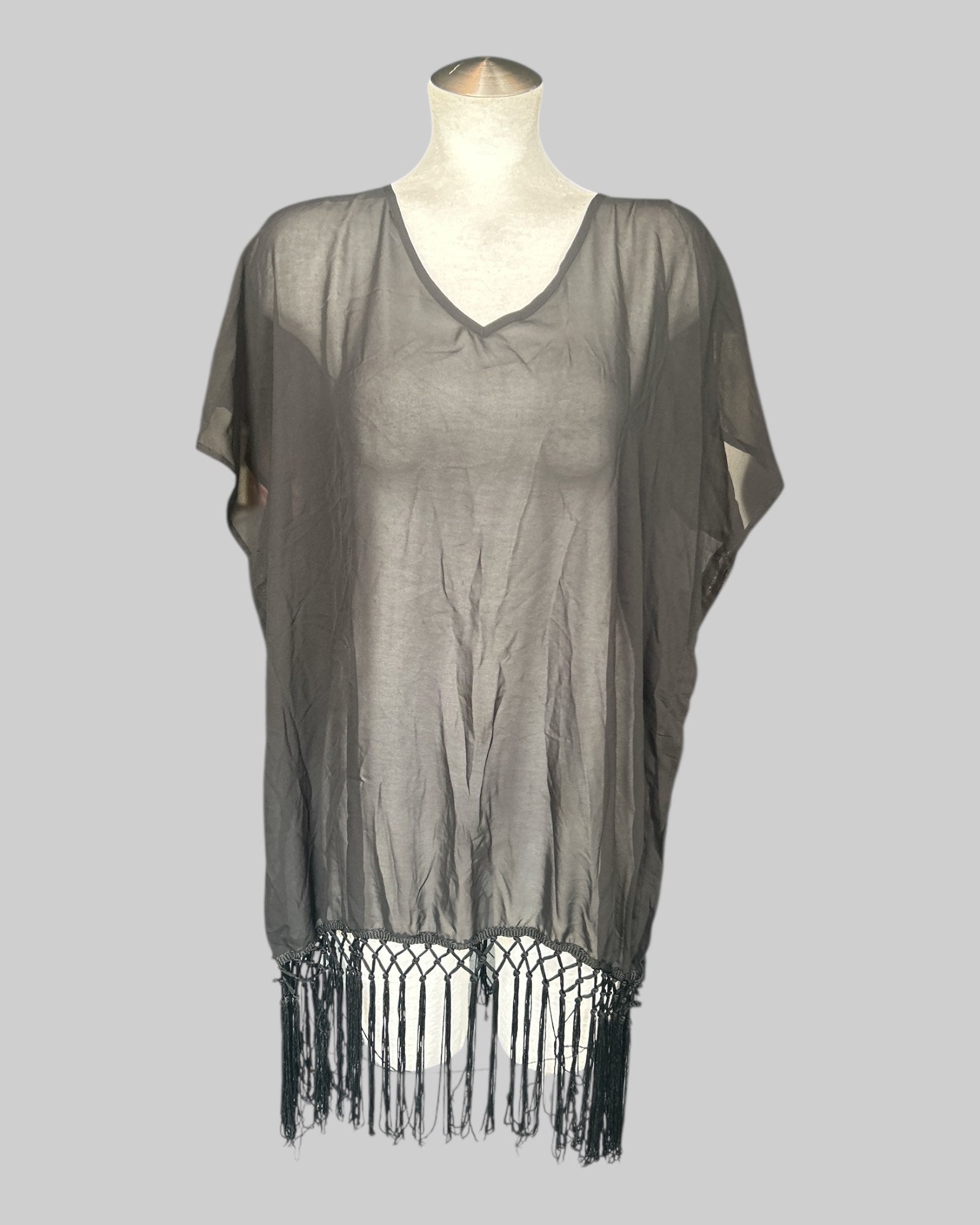 XL black sheer long top with fringe