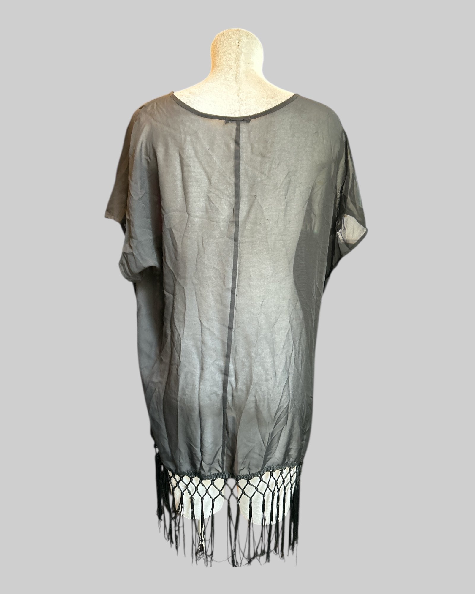 XL black sheer long top with fringe