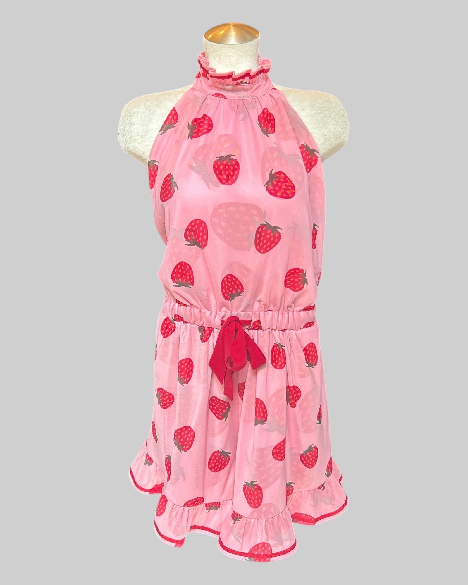 XL Mochipan brand pink strawberry and halter top romper with mesh