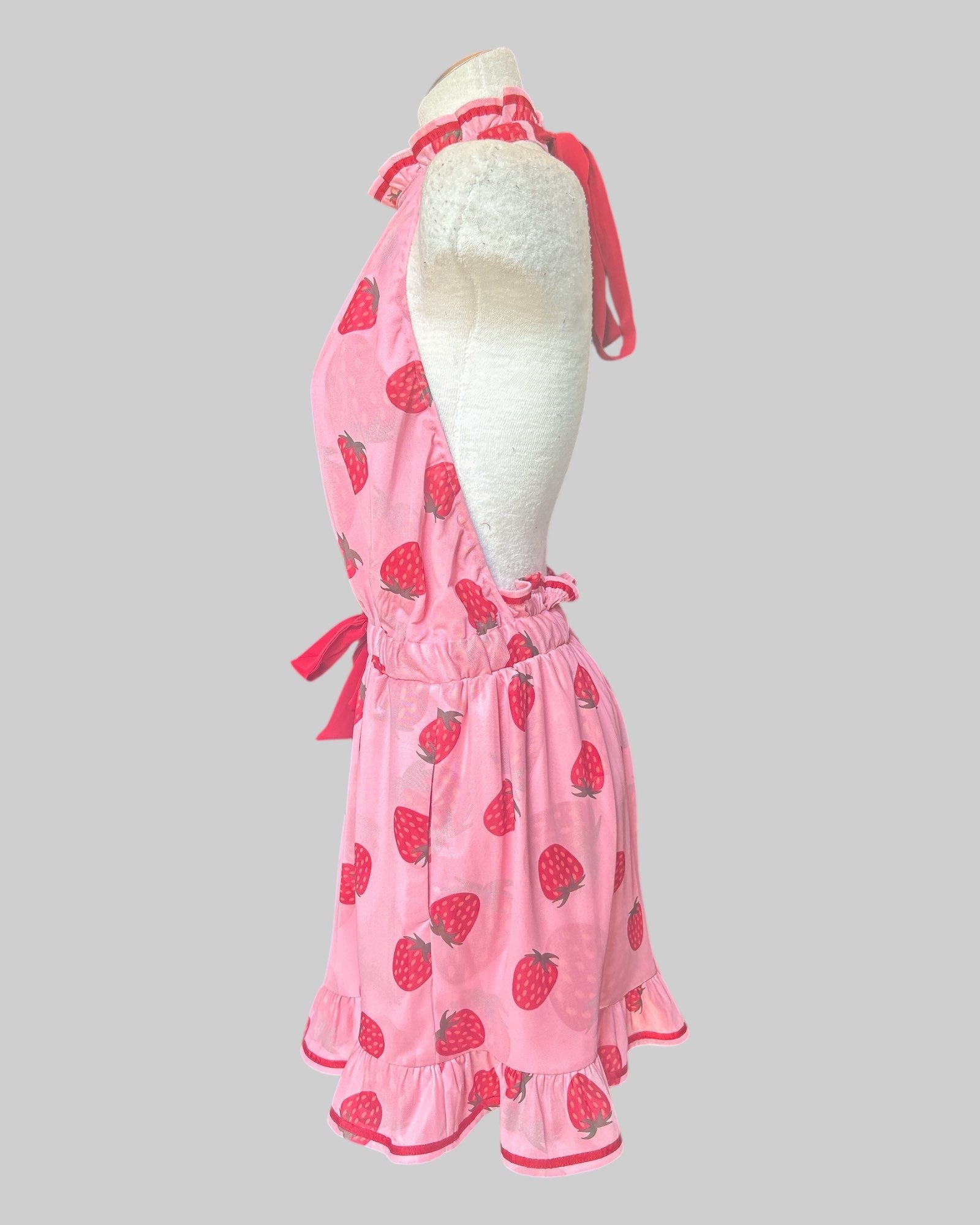 XL Mochipan brand pink strawberry and halter top romper with mesh