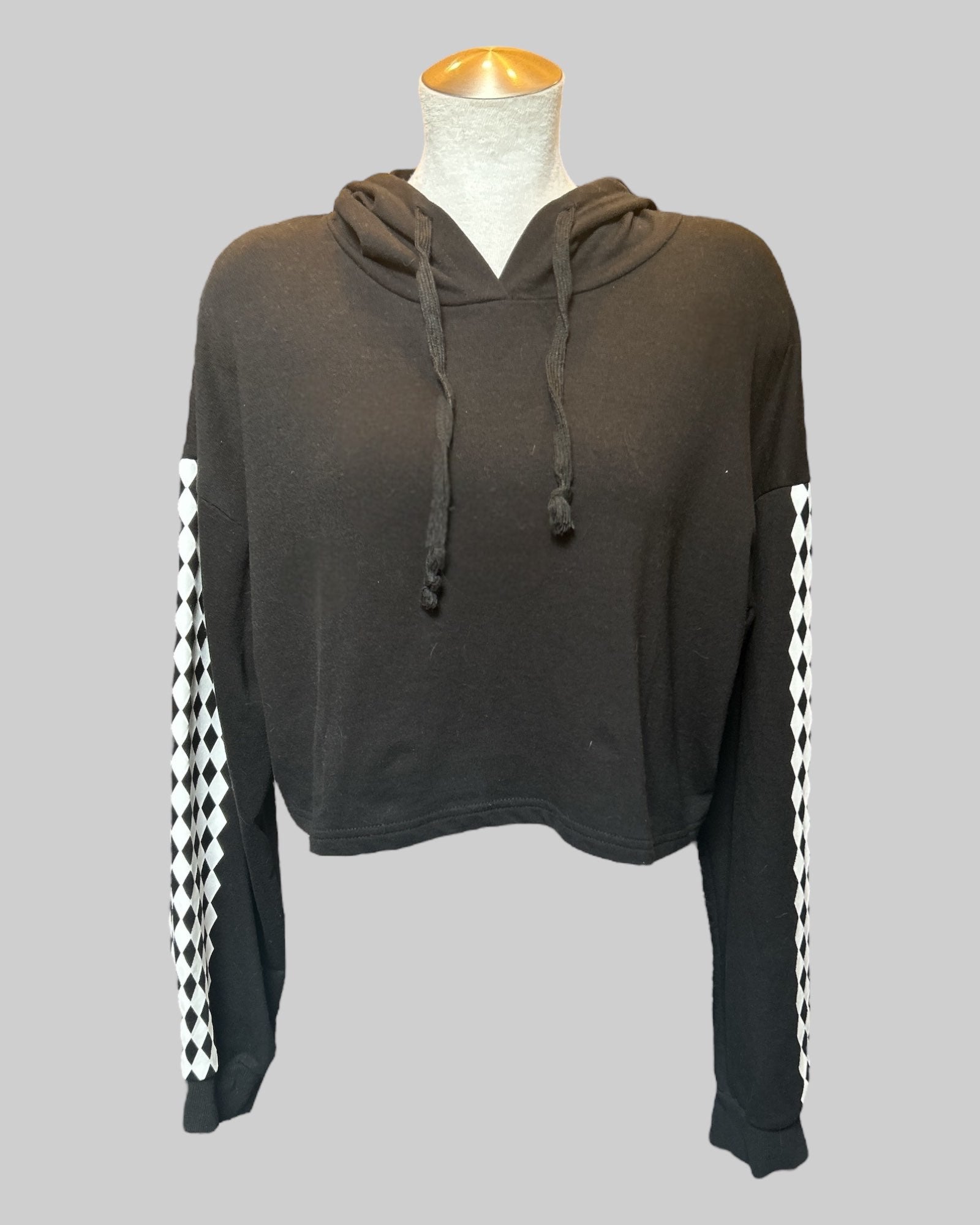 OX black cropped hoodie with black and white checkered sleeves