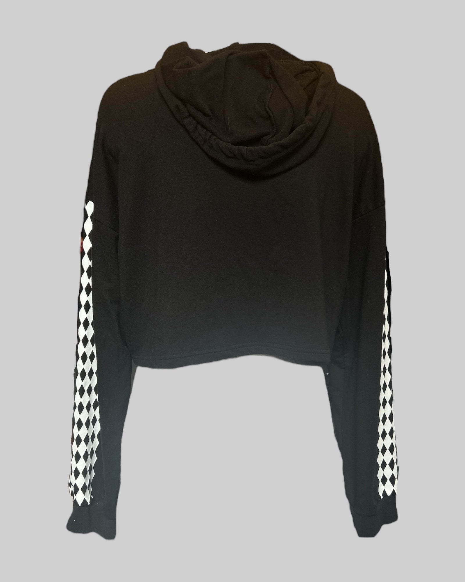 OX black cropped hoodie with black and white checkered sleeves