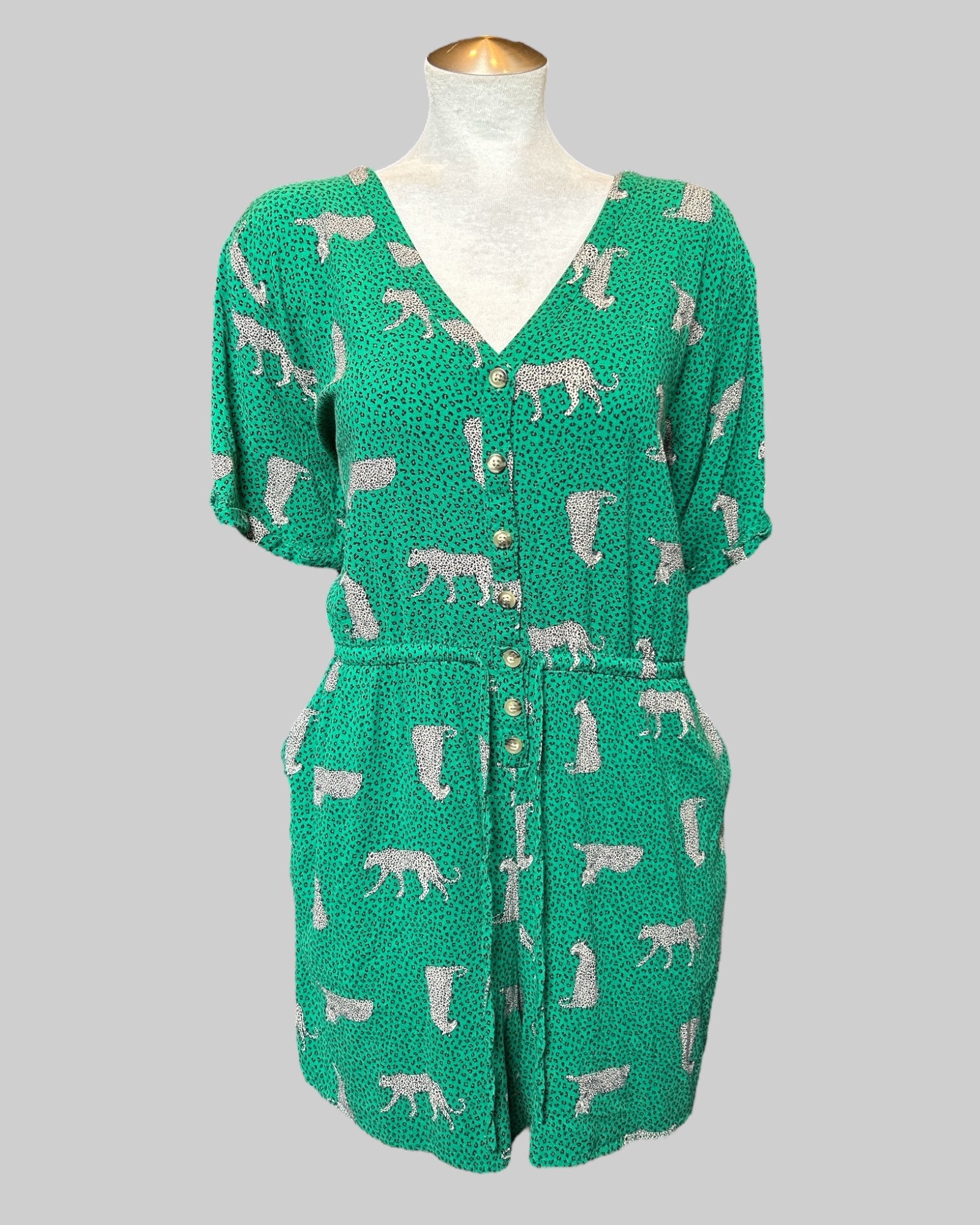OX green animal print romper with waist band and pockets