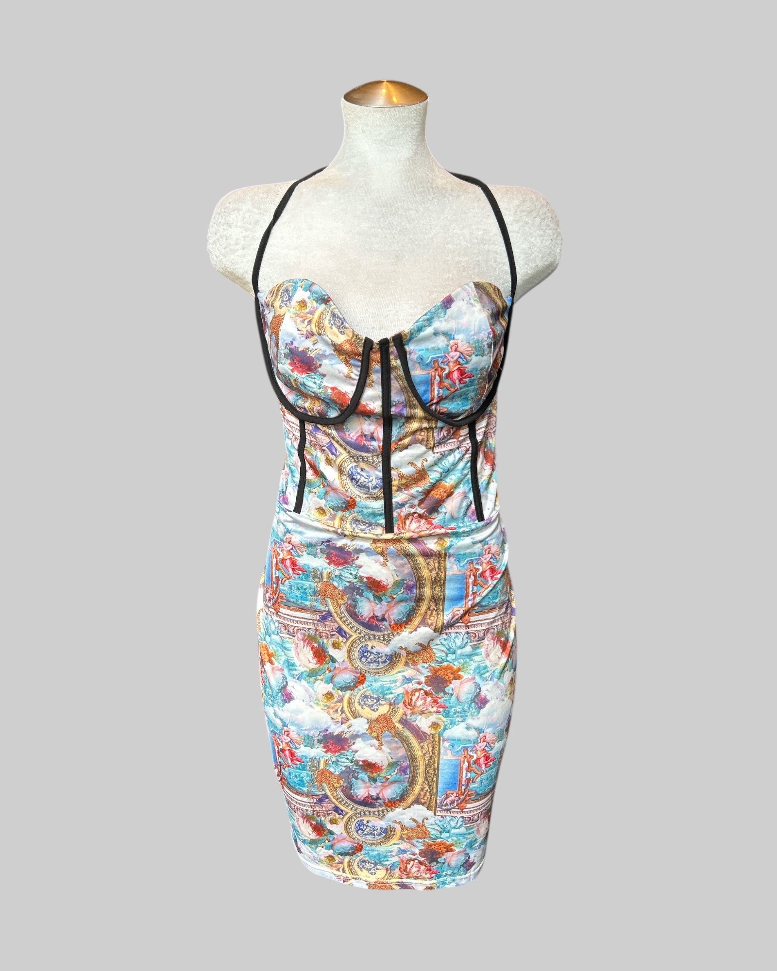 Ox corset style halter dress with maximalist print