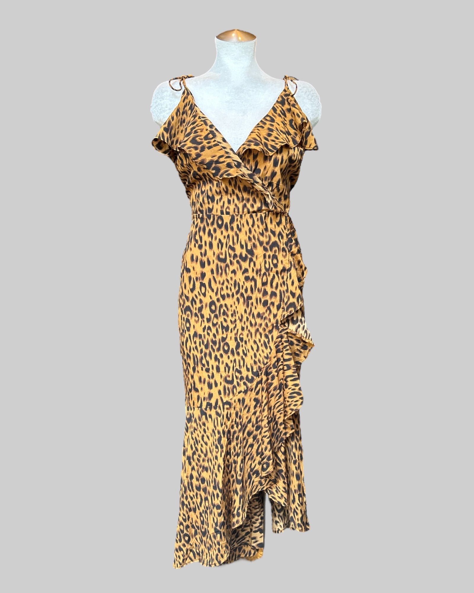 0X flowy cheetah print dress with tie shoulders and zipper
