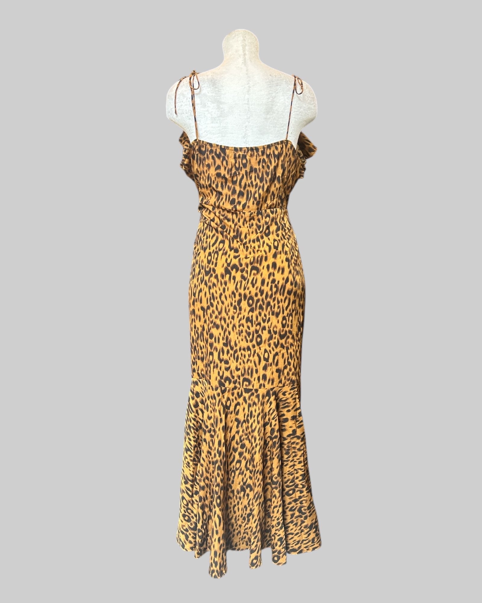 0X flowy cheetah print dress with tie shoulders and zipper