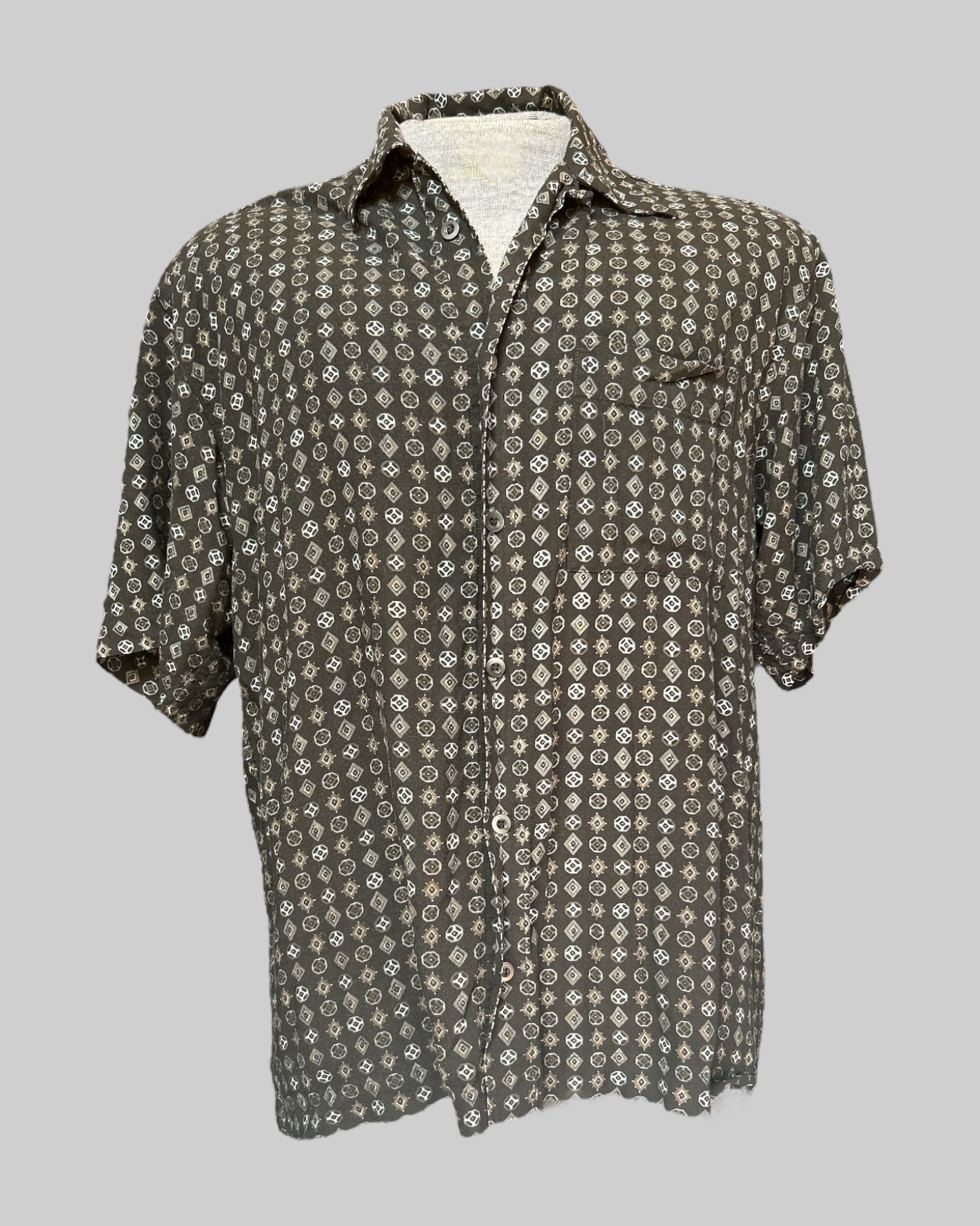 OX  flowy black button up t shirt with geometric pattern and chest pocket
