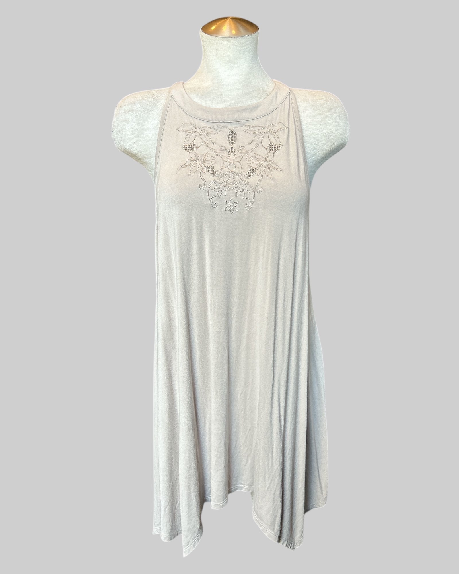 2x light gray flowy and stretchy tunic style sleeveless top with embroidery