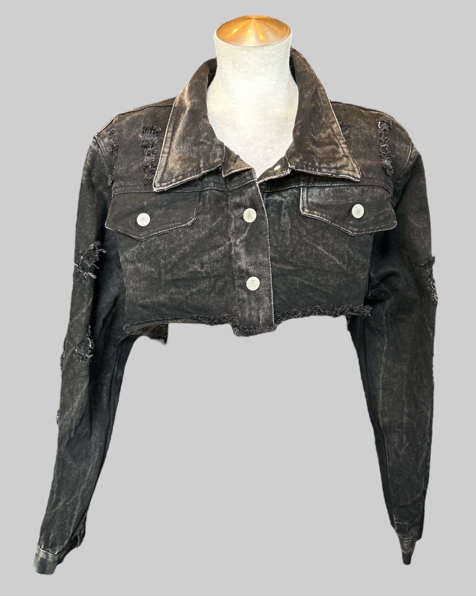 2x black cropped distressed denim jacket with chest pockets