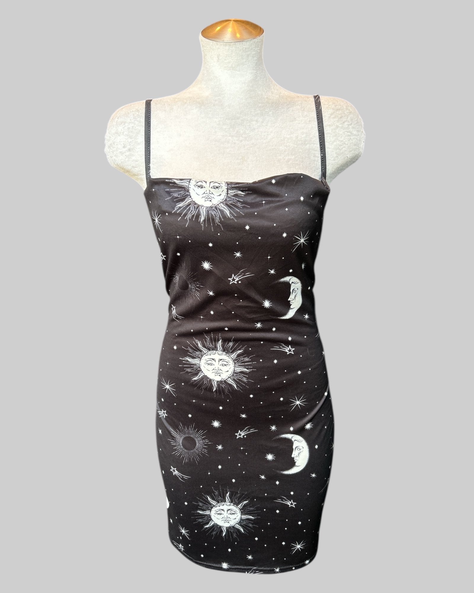 2x black stretchy body con dress with celestial pattern