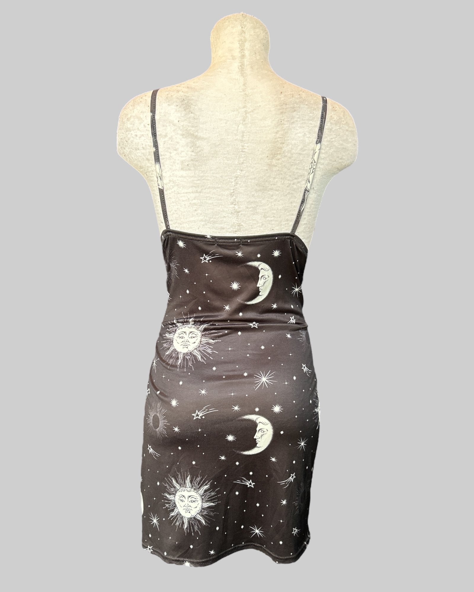 2x black stretchy body con dress with celestial pattern