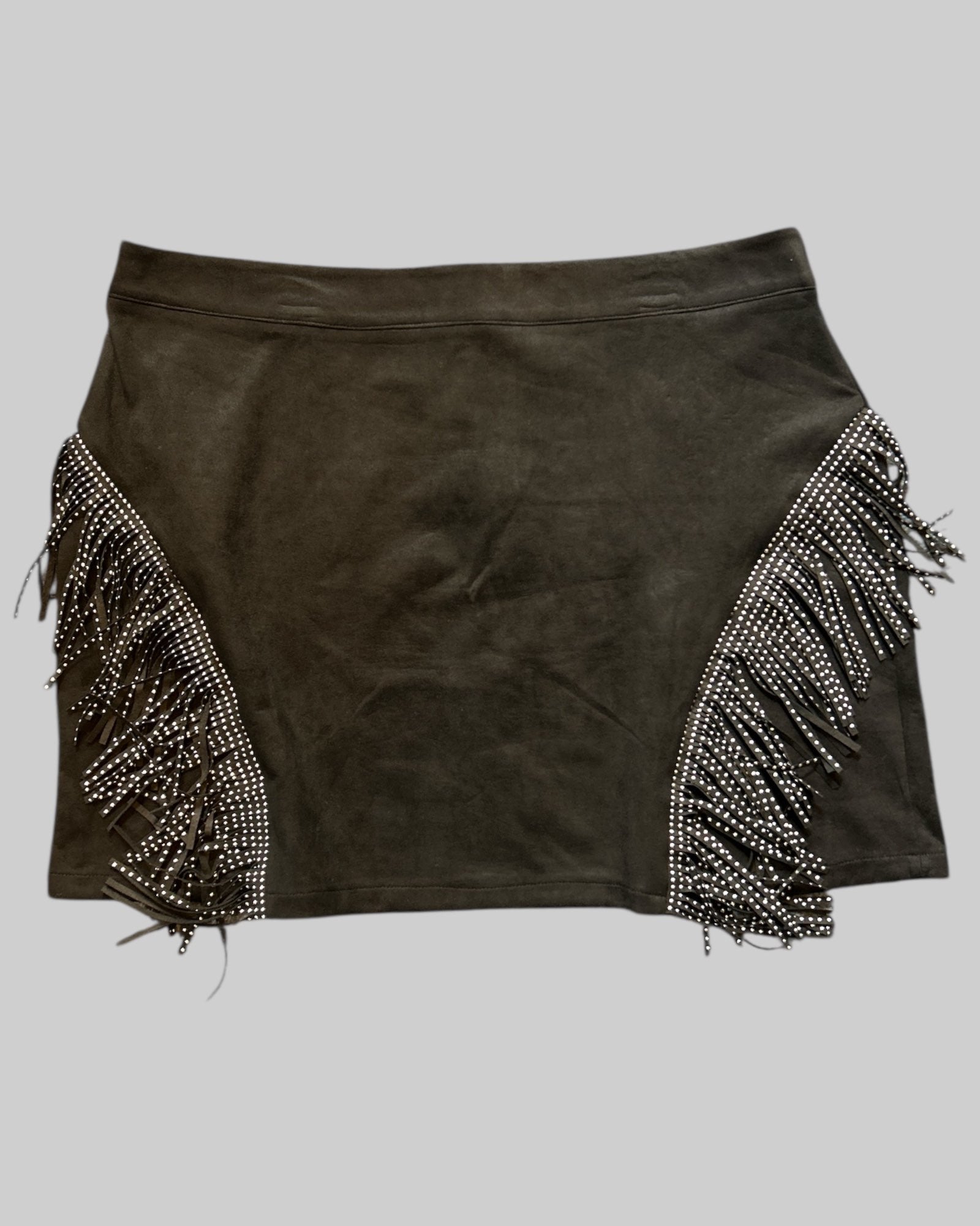 2x black suede like skirt with rhinestone fringe