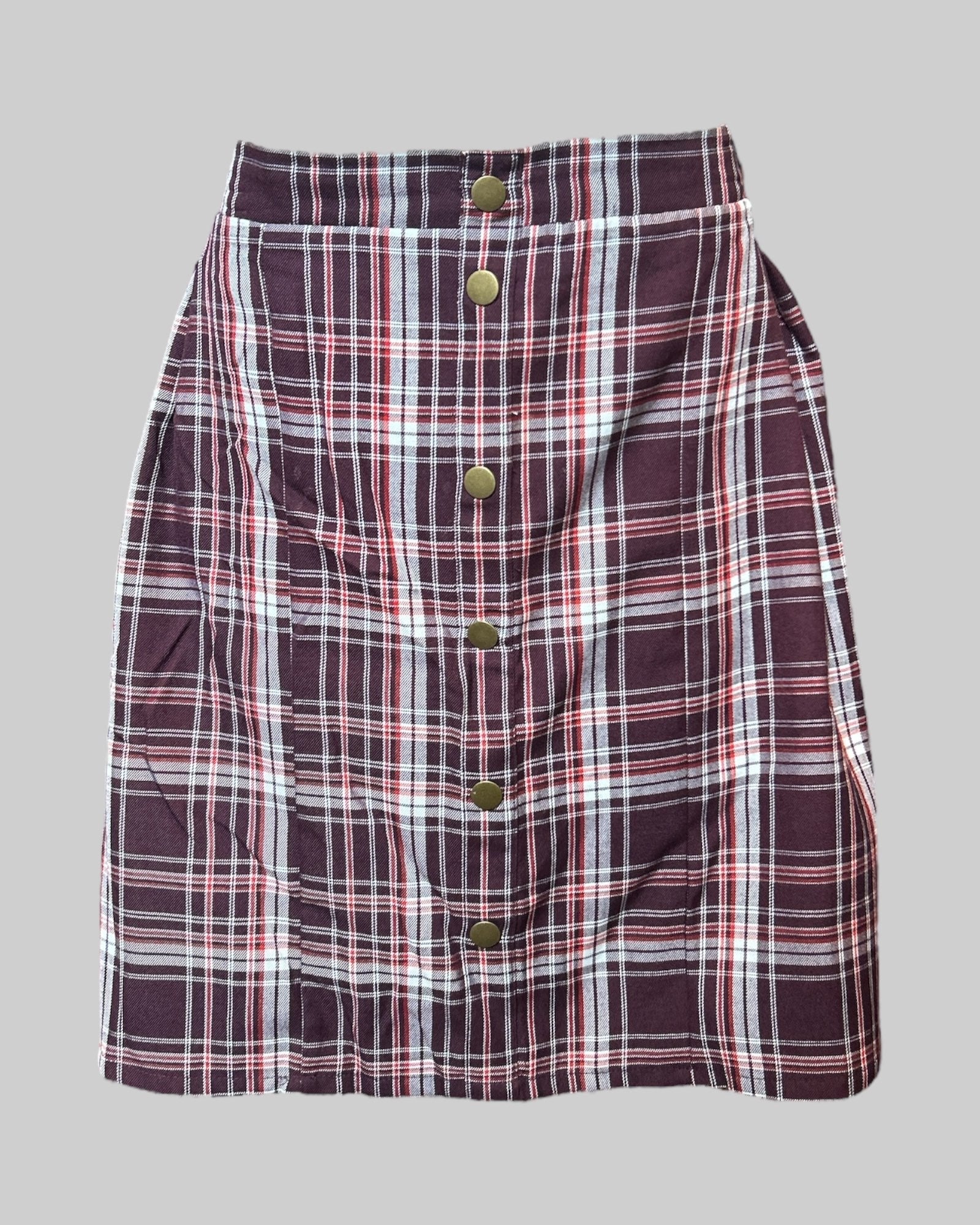 2x maroon, pink, red, and white plaid flowy skirt with faux buttons