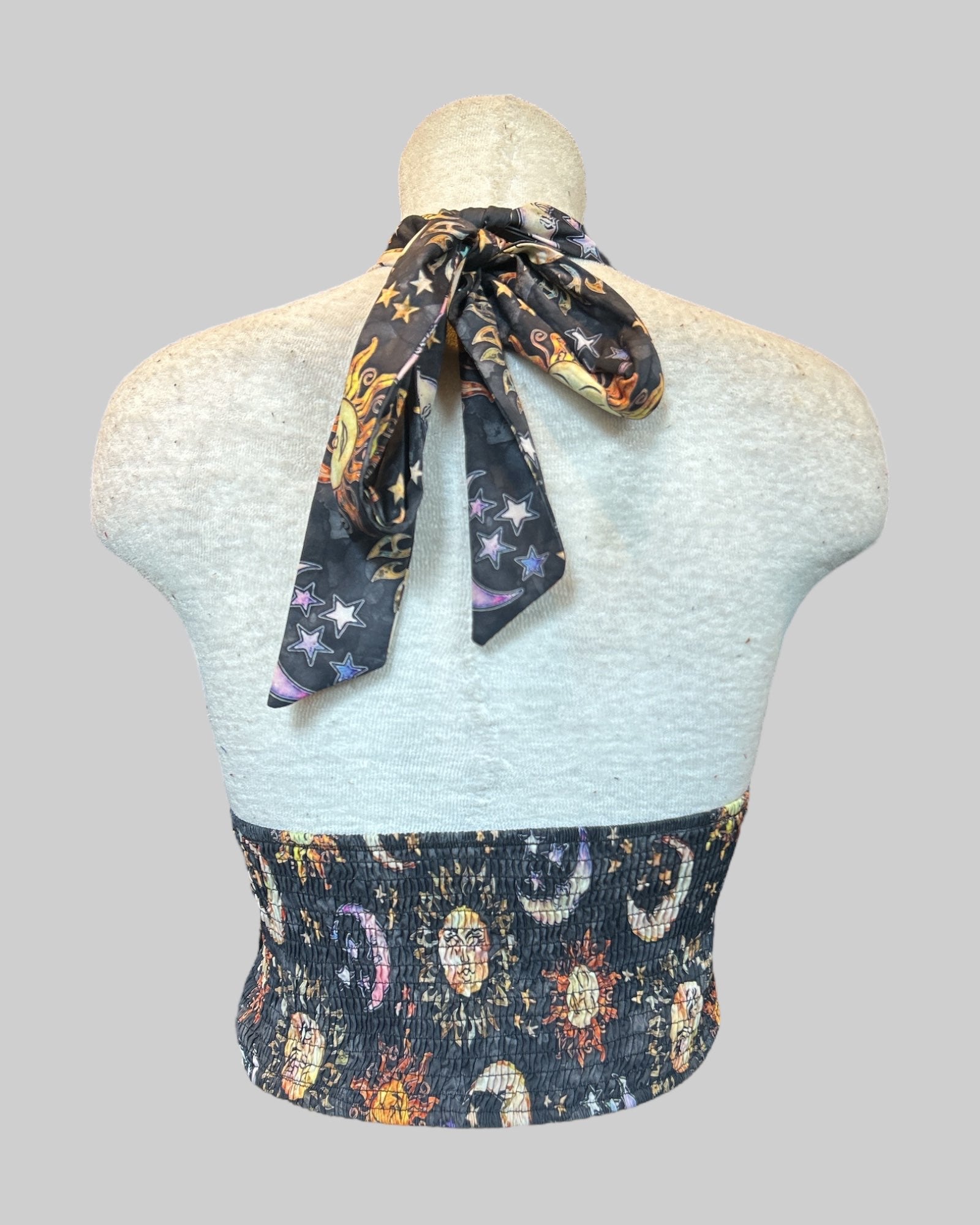3x multicolor celestial pattern cropped halter top with shirred back