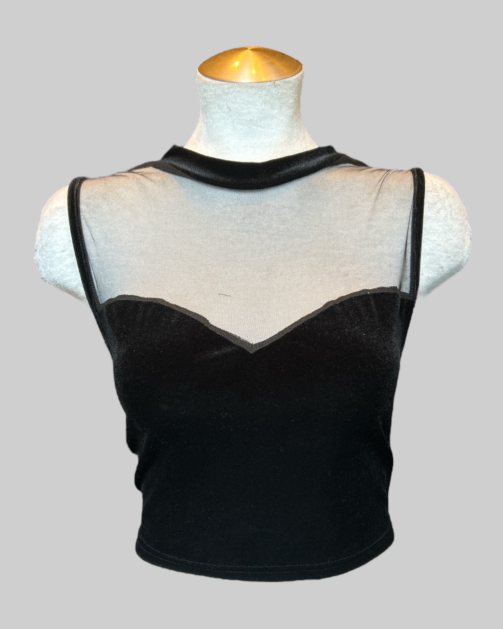 3x cropped black velvet top with sheer chest
