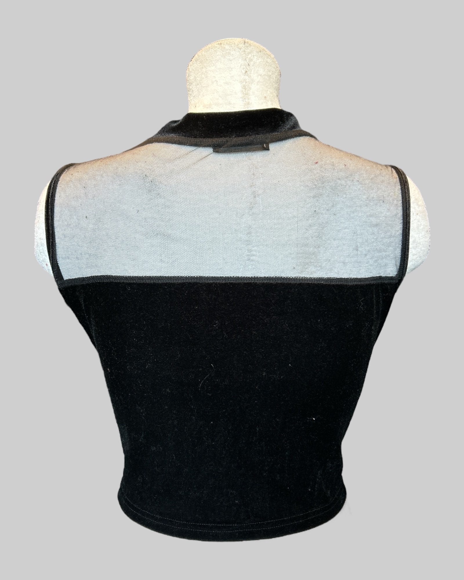 3x cropped black velvet top with sheer chest