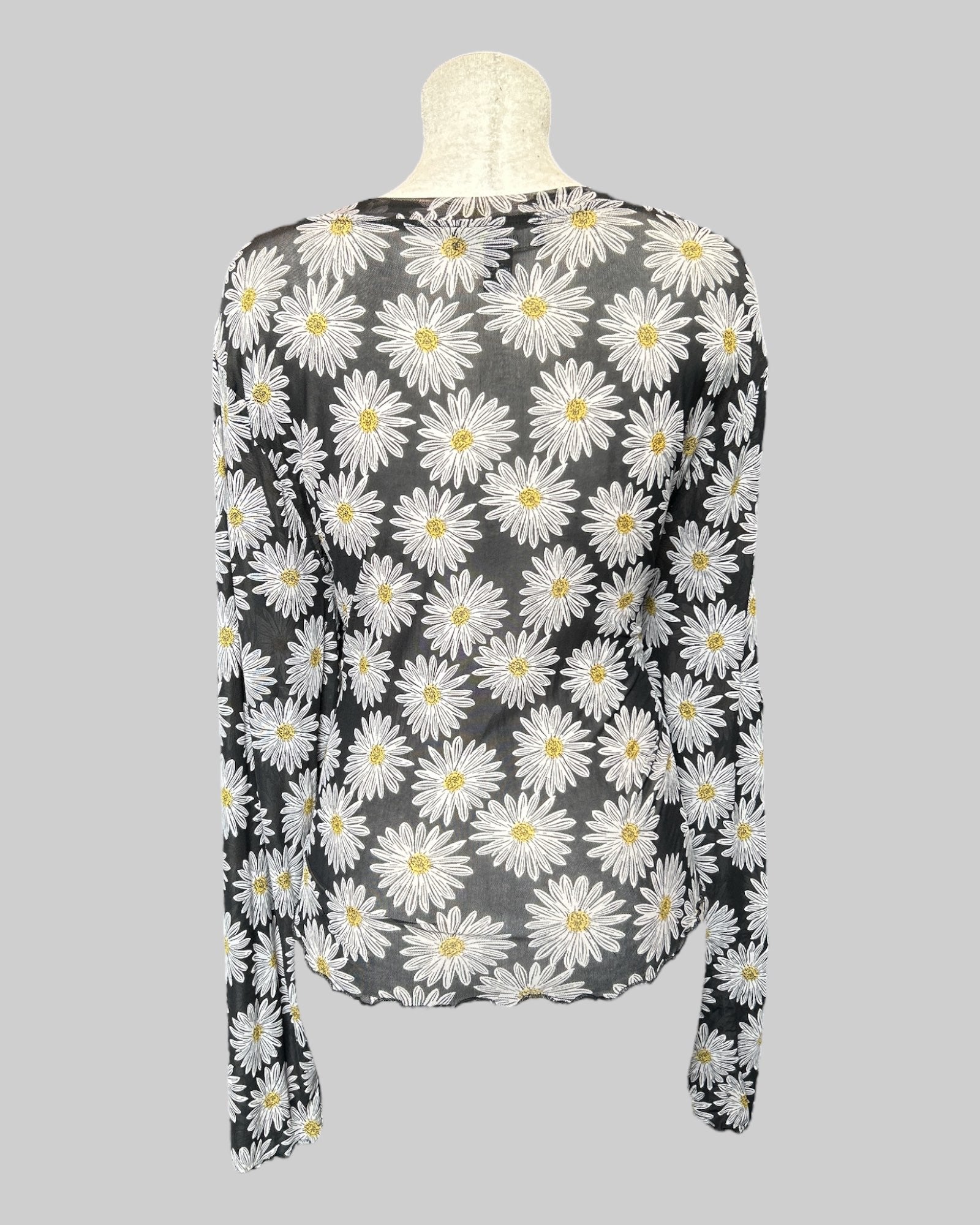 3X sheer black long sleeve top with daisies and lettuce hem