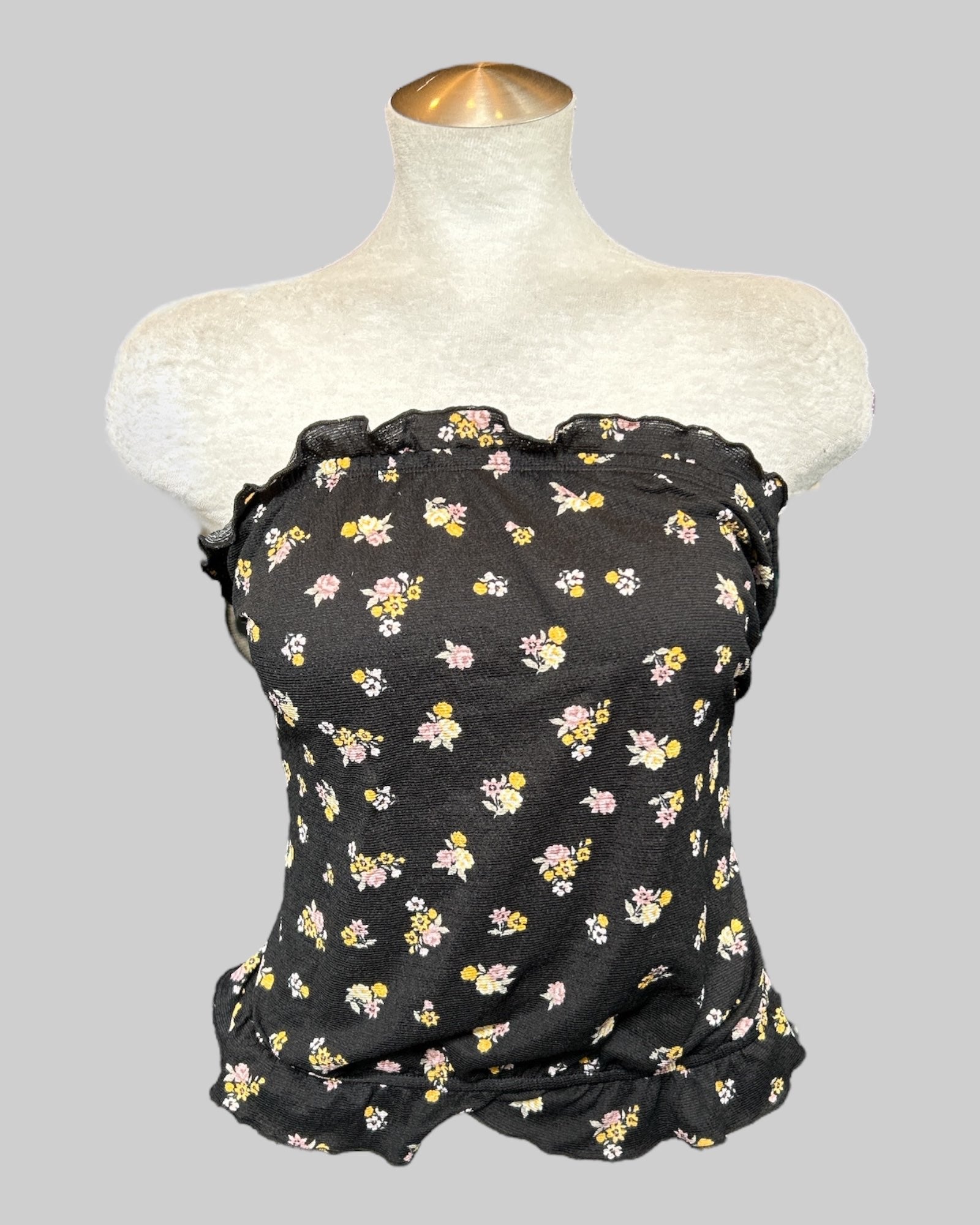 3x black floral tube top with lettuce hem