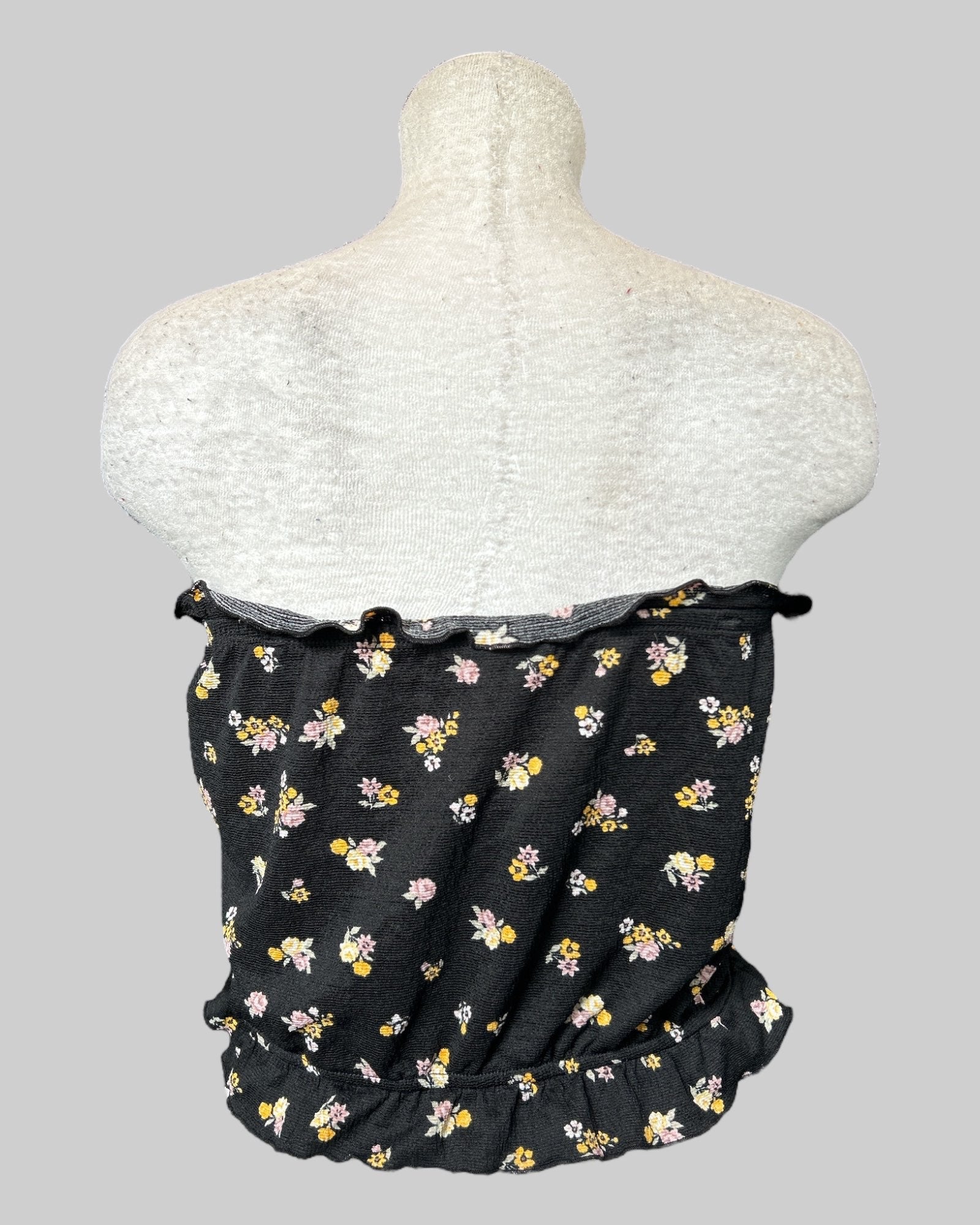 3x black floral tube top with lettuce hem