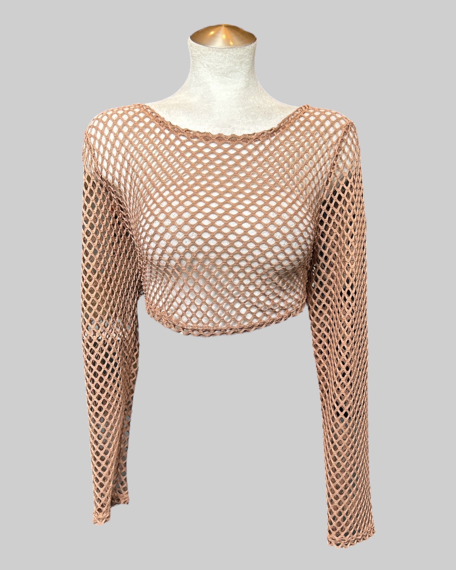 3x light brown mesh long sleeve cropped top