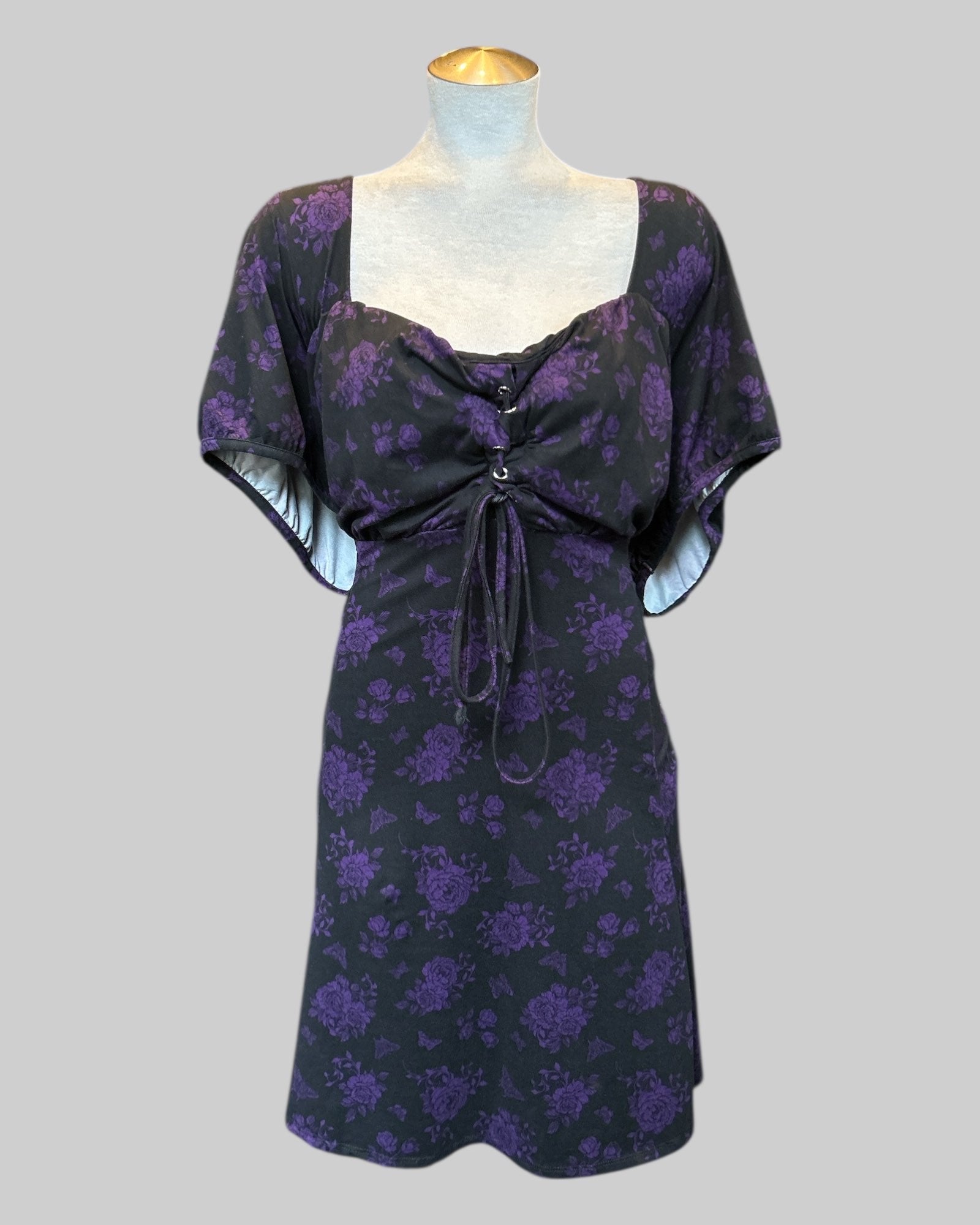 5x stretchy and flowy black dress with purple florals and lace up front
