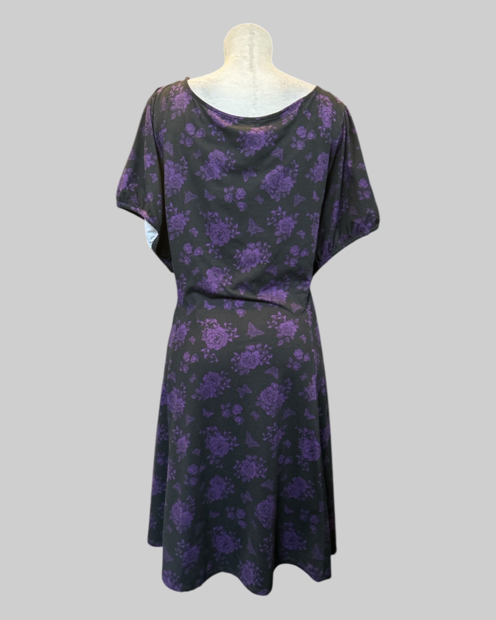 5x stretchy and flowy black dress with purple florals and lace up front