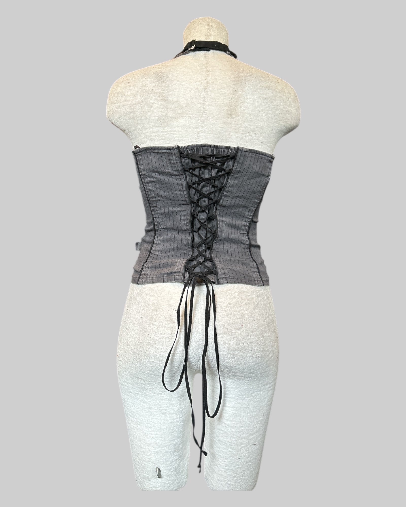 S Vintage tripp black and gray striped corset back halter top