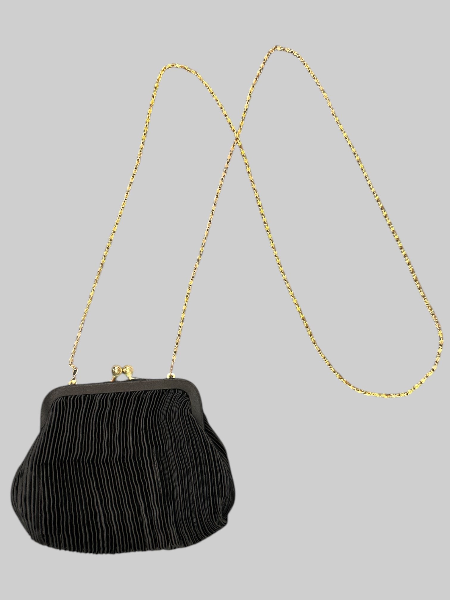 Black plated fabric purse with gold-like chain