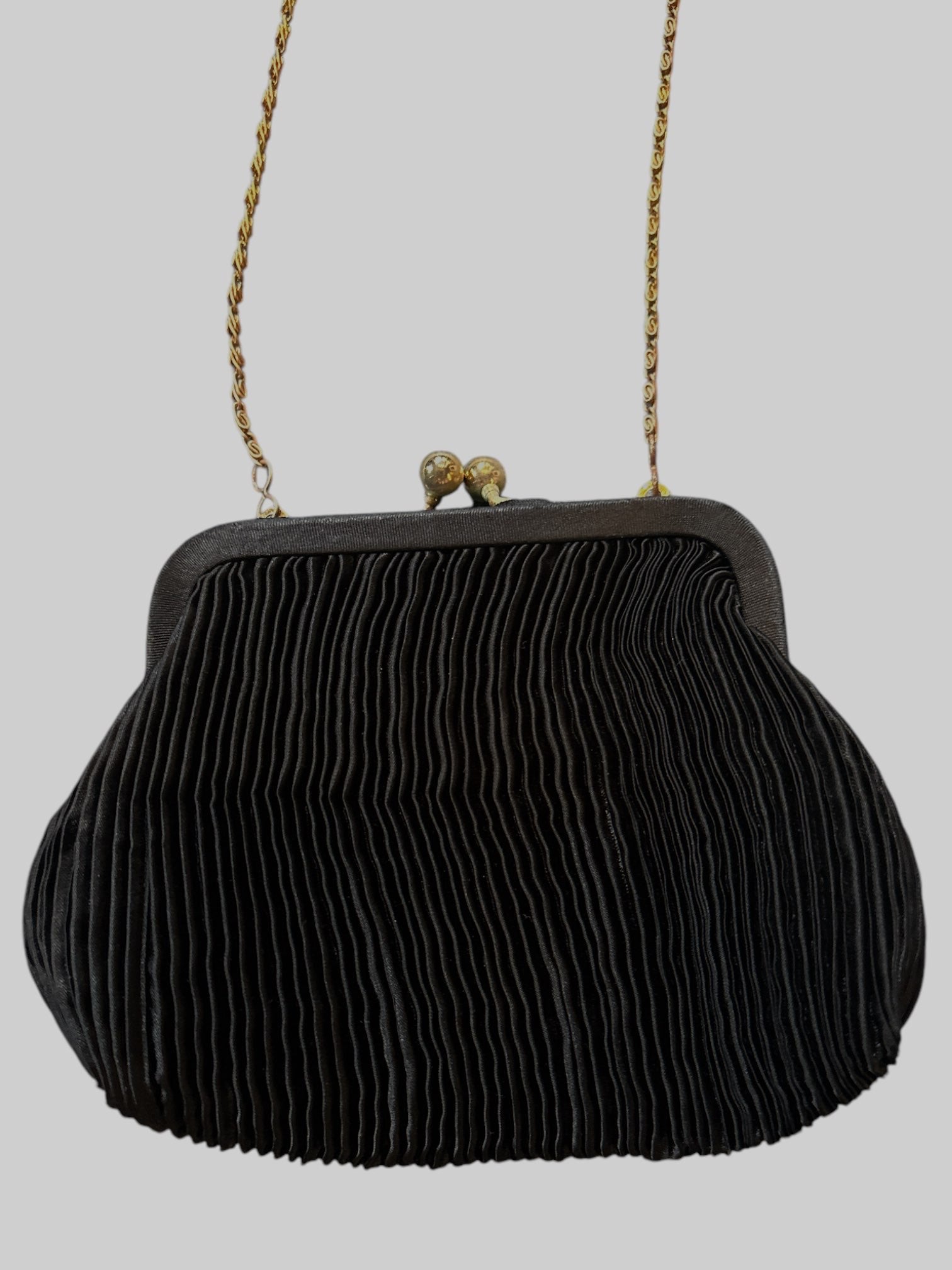 Black plated fabric purse with gold-like chain