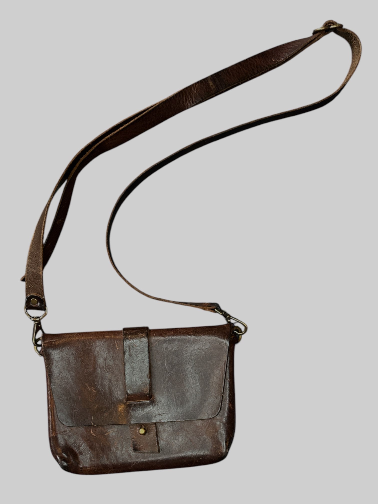 Brown genuine leather flap bag with detachable strap