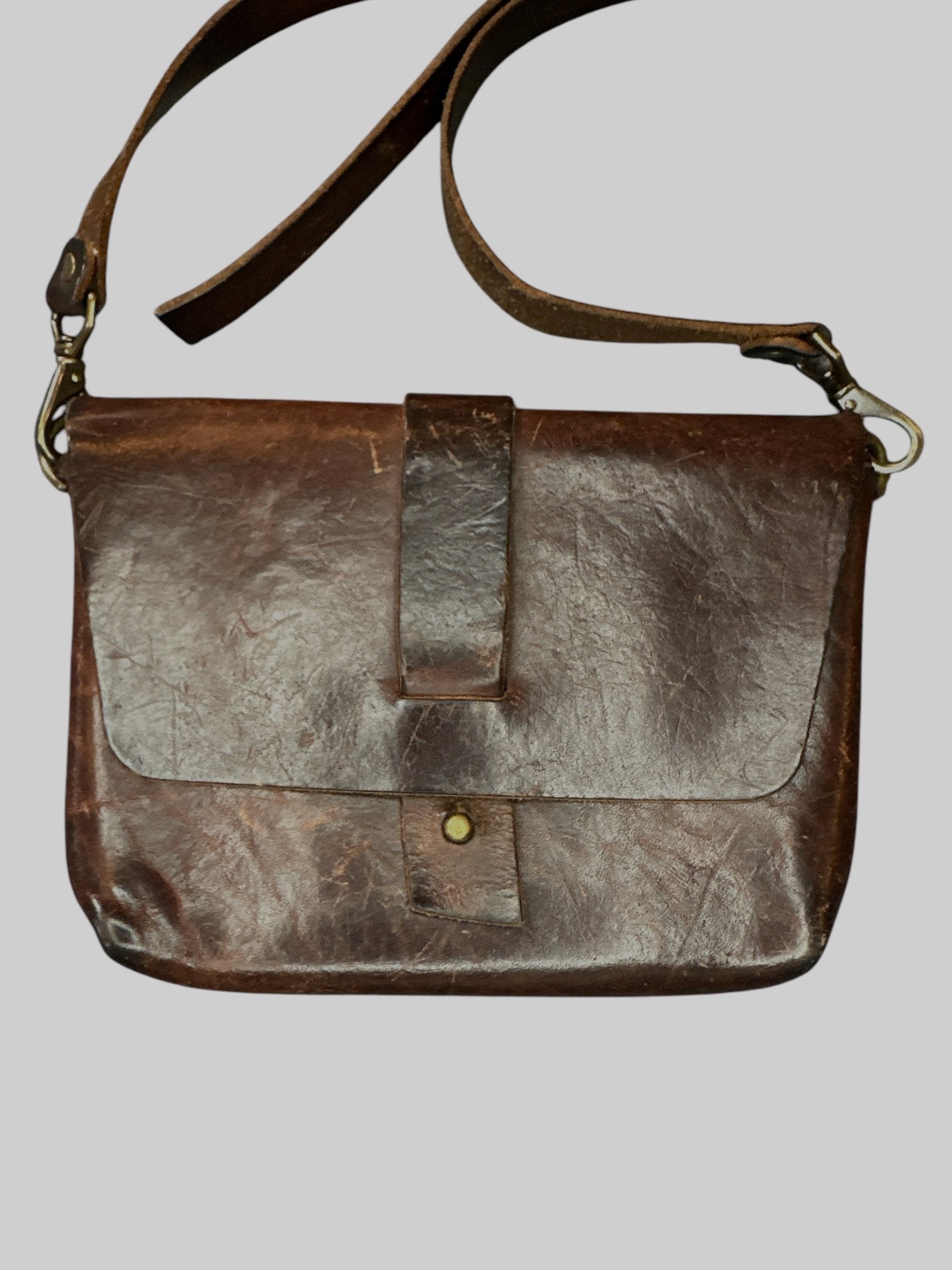 Brown genuine leather flap bag with detachable strap