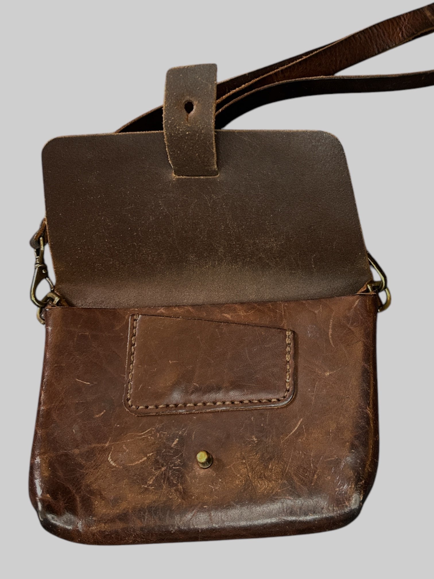 Brown genuine leather flap bag with detachable strap