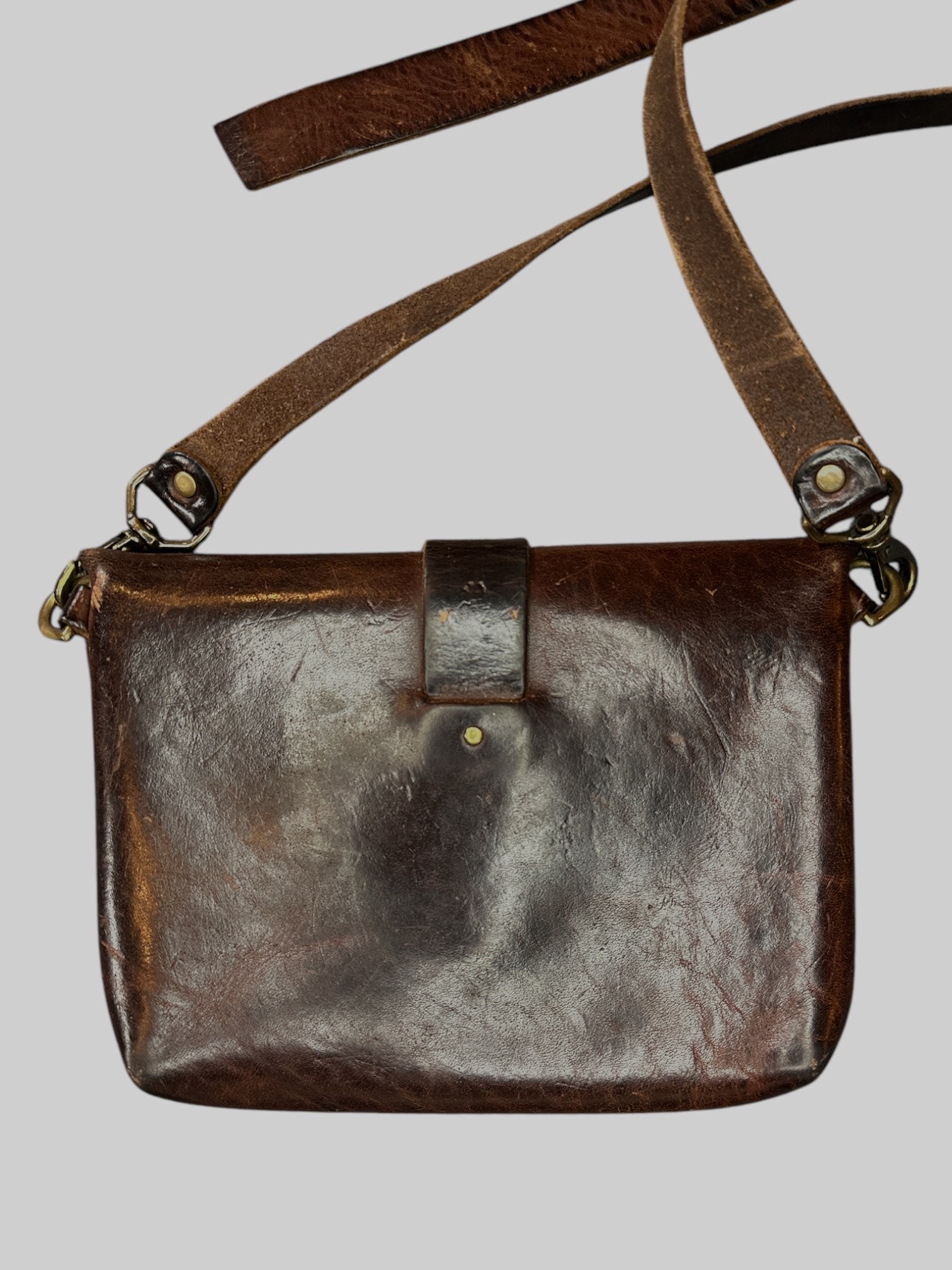 Brown genuine leather flap bag with detachable strap