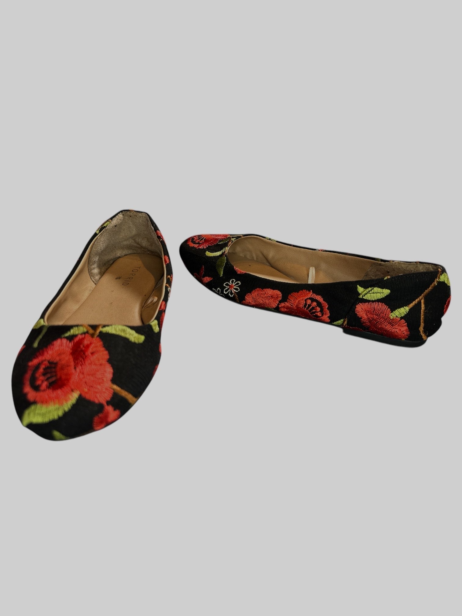 9W Black Flats with Red and green botanical embroidered details